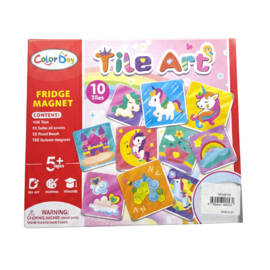 Color Day DIY Tile Art Fridge Magnet Kit – Creative Kids Craft Set with 10 Ceramic Tiles, Paints & Brush – Unicorn & Rainbow Theme – Ages 5+
