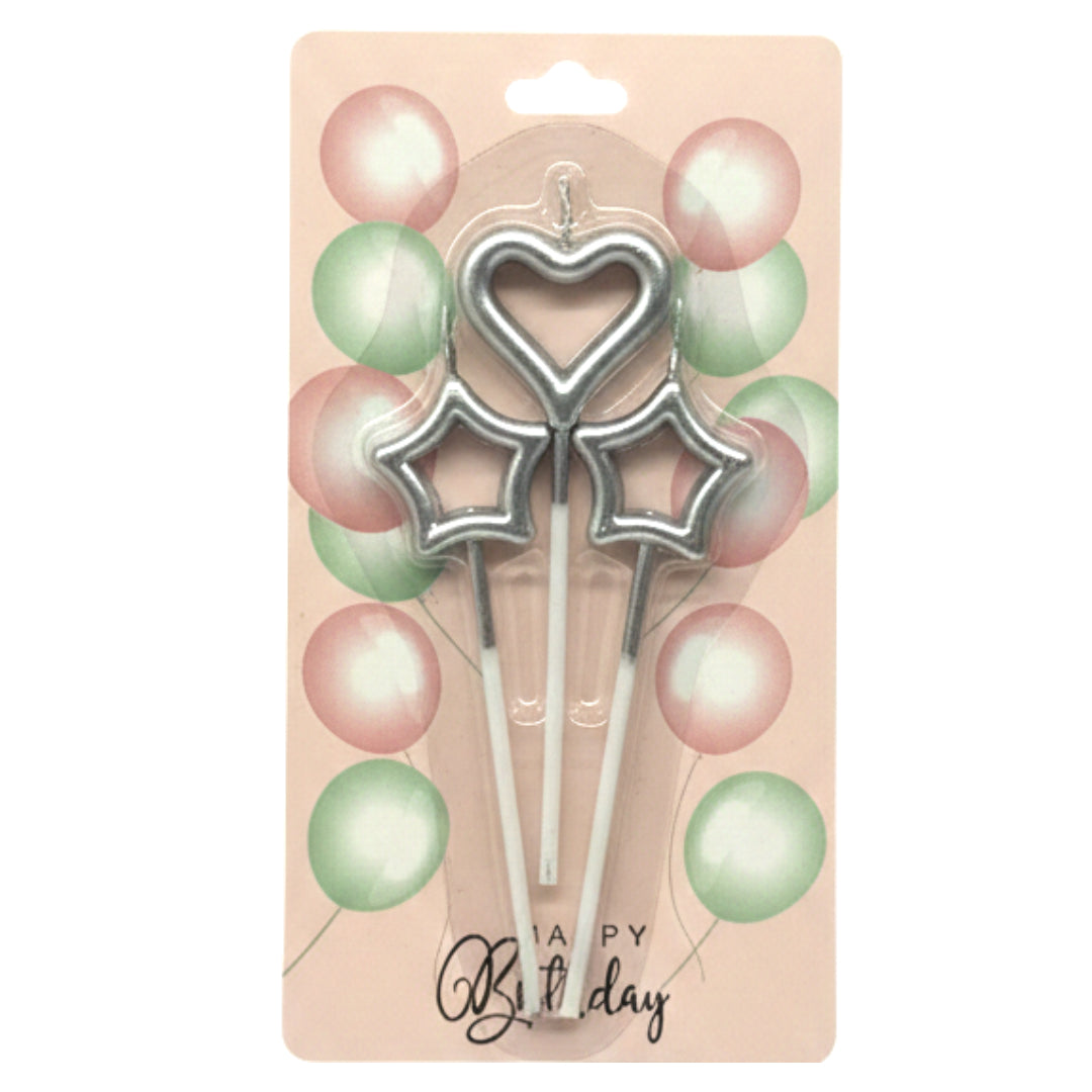 3-Piece Cake Candle Set – Heart & Star Shaped Birthday Candles with Stakes – Elegant Cake Toppers for Birthdays, Anniversaries & Romantic Celebrations