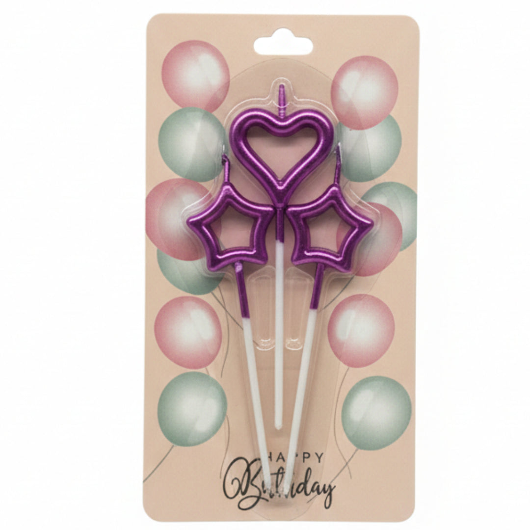 3-Piece Cake Candle Set – Heart & Star Shaped Birthday Candles with Stakes – Elegant Cake Toppers for Birthdays, Anniversaries & Romantic Celebrations