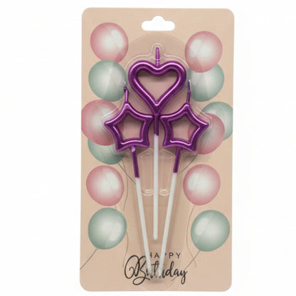 3-Piece Cake Candle Set – Heart & Star Shaped Birthday Candles with Stakes – Elegant Cake Toppers for Birthdays, Anniversaries & Romantic Celebrations