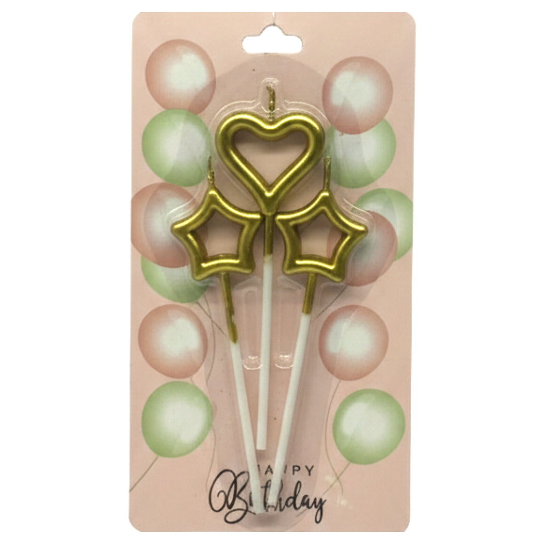 3-Piece Cake Candle Set – Heart & Star Shaped Birthday Candles with Stakes – Elegant Cake Toppers for Birthdays, Anniversaries & Romantic Celebrations