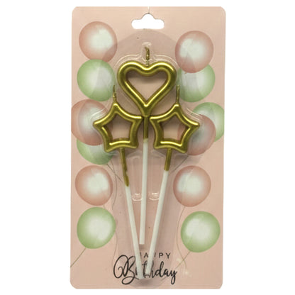 3-Piece Cake Candle Set – Heart & Star Shaped Birthday Candles with Stakes – Elegant Cake Toppers for Birthdays, Anniversaries & Romantic Celebrations