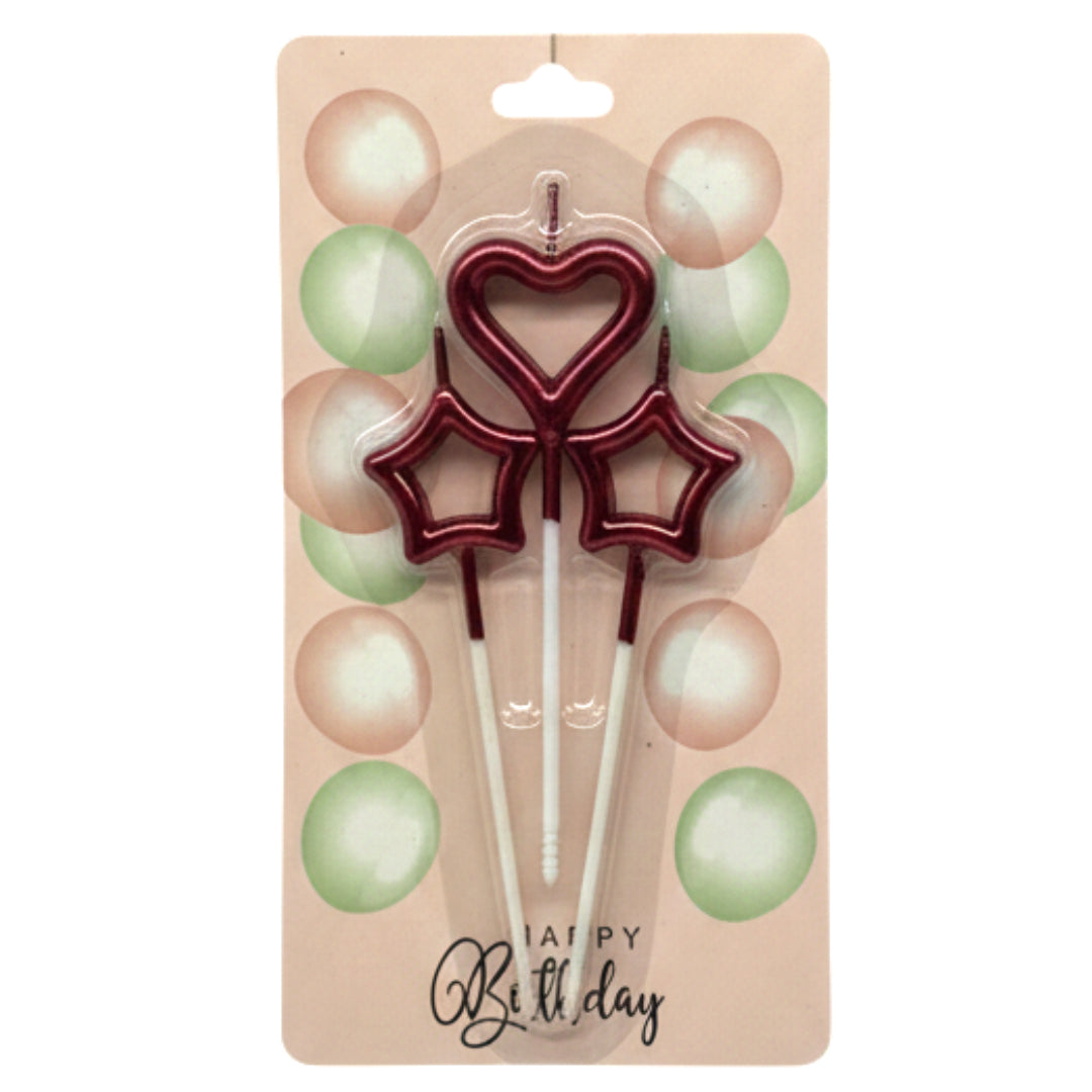 3-Piece Cake Candle Set – Heart & Star Shaped Birthday Candles with Stakes – Elegant Cake Toppers for Birthdays, Anniversaries & Romantic Celebrations
