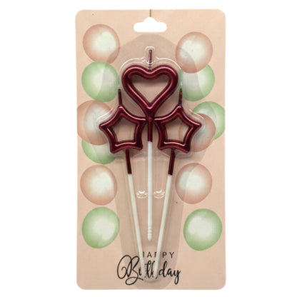 3-Piece Cake Candle Set – Heart & Star Shaped Birthday Candles with Stakes – Elegant Cake Toppers for Birthdays, Anniversaries & Romantic Celebrations