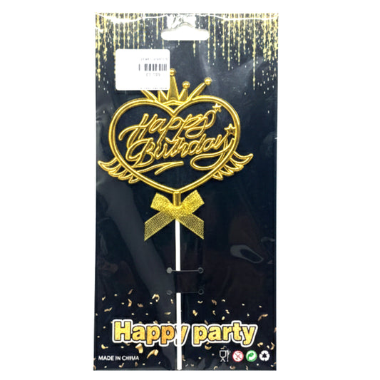 Gold Heart Crown "Happy Birthday" Cake Topper – Elegant Angel Wings Design with Bow for Birthday Party Decorations, Anniversary, & Cake Smash – Plastic/Acrylic (Gold)