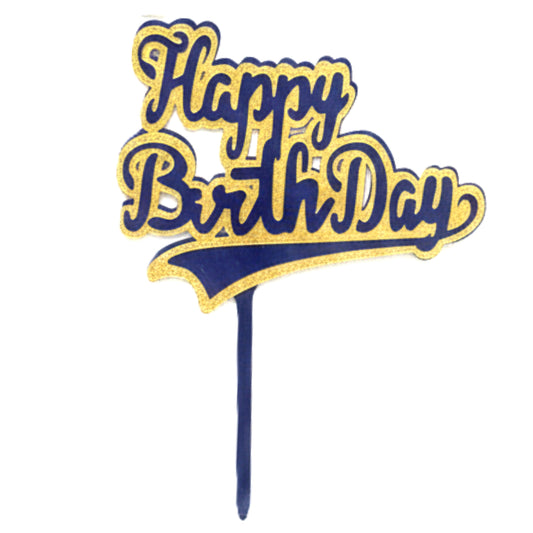 Glitter Happy Birthday Cake Topper - Navy Blue & Gold Party Supplies - Reusable Birthday Decoration
