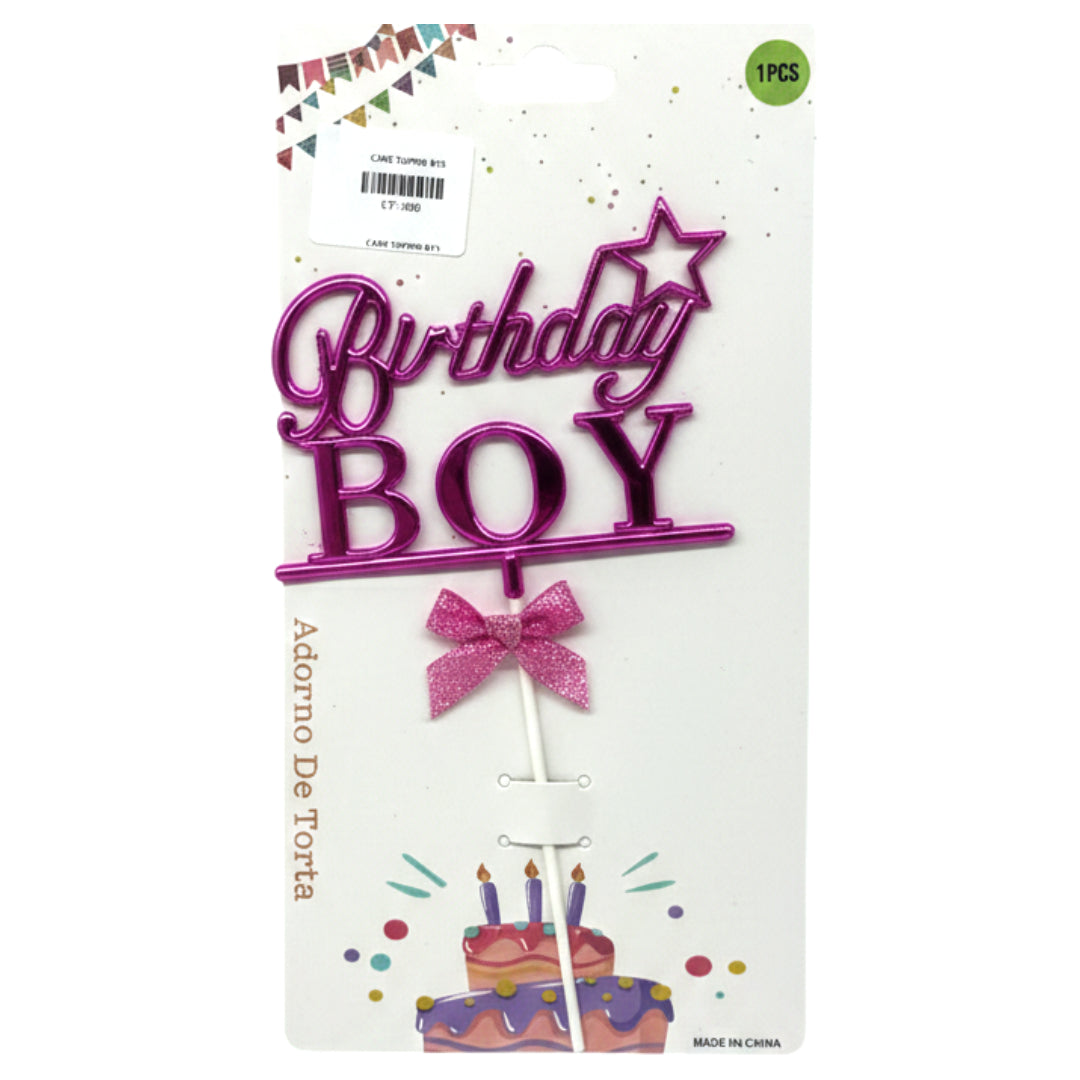 Metallic Birthday Cake Topper – "Birthday Boy" (Pink) or "Birthday Girl" (Blue) Acrylic Cake Decoration with Glitter Bow & Star
