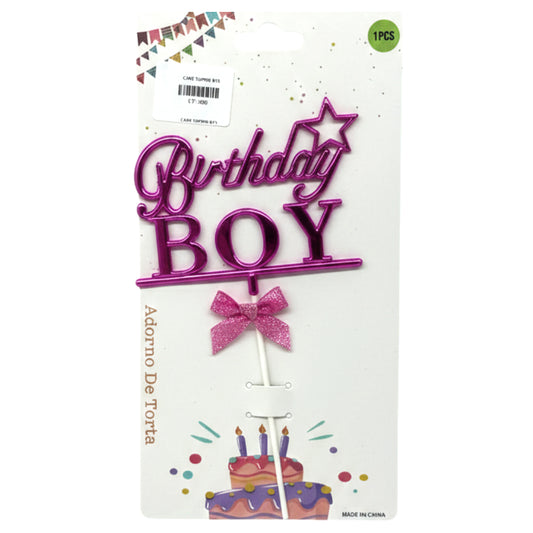 Metallic Birthday Cake Topper – "Birthday Boy" (Pink) or "Birthday Girl" (Blue) Acrylic Cake Decoration with Glitter Bow & Star