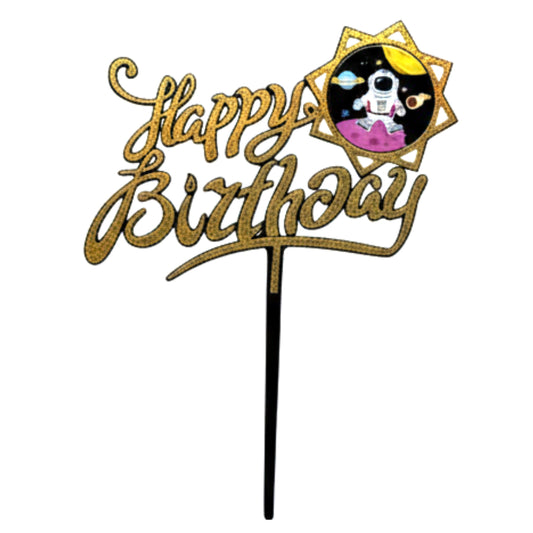 Glitter Happy Birthday Cake Topper - Themed Party Decorations for Kids | Space Astronaut, Royal Princess, & Flamingo Swan Designs | Gold, Purple, & Pink Sparkle Decor