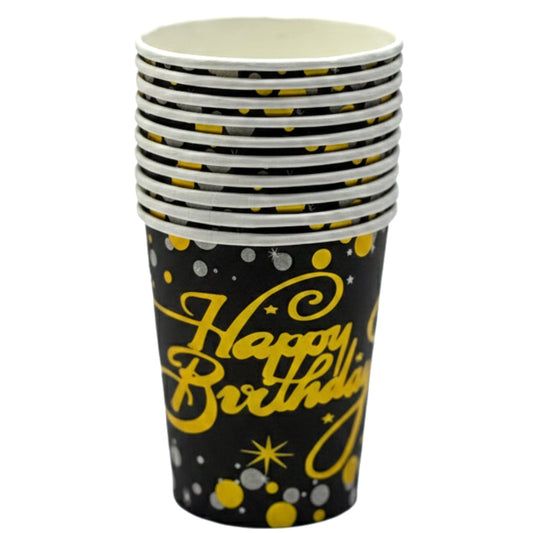 Pack of 10 Disposable Birthday Paper Cups - Elegant Gold & Colorful "Happy Birthday" Designs for Party Tableware and Celebrations