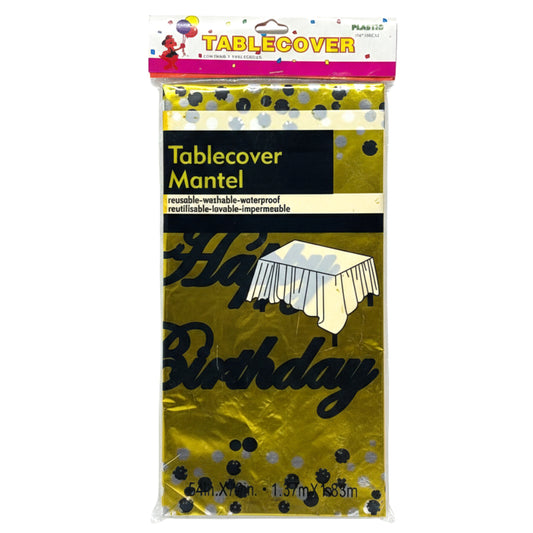 Metallic Gold Happy Birthday Plastic Tablecloth - 54" x 72" Reusable & Waterproof Party Table Cover