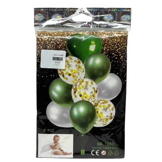 9-Piece Chrome Emerald Green and Gold Confetti Balloon Bouquet Set