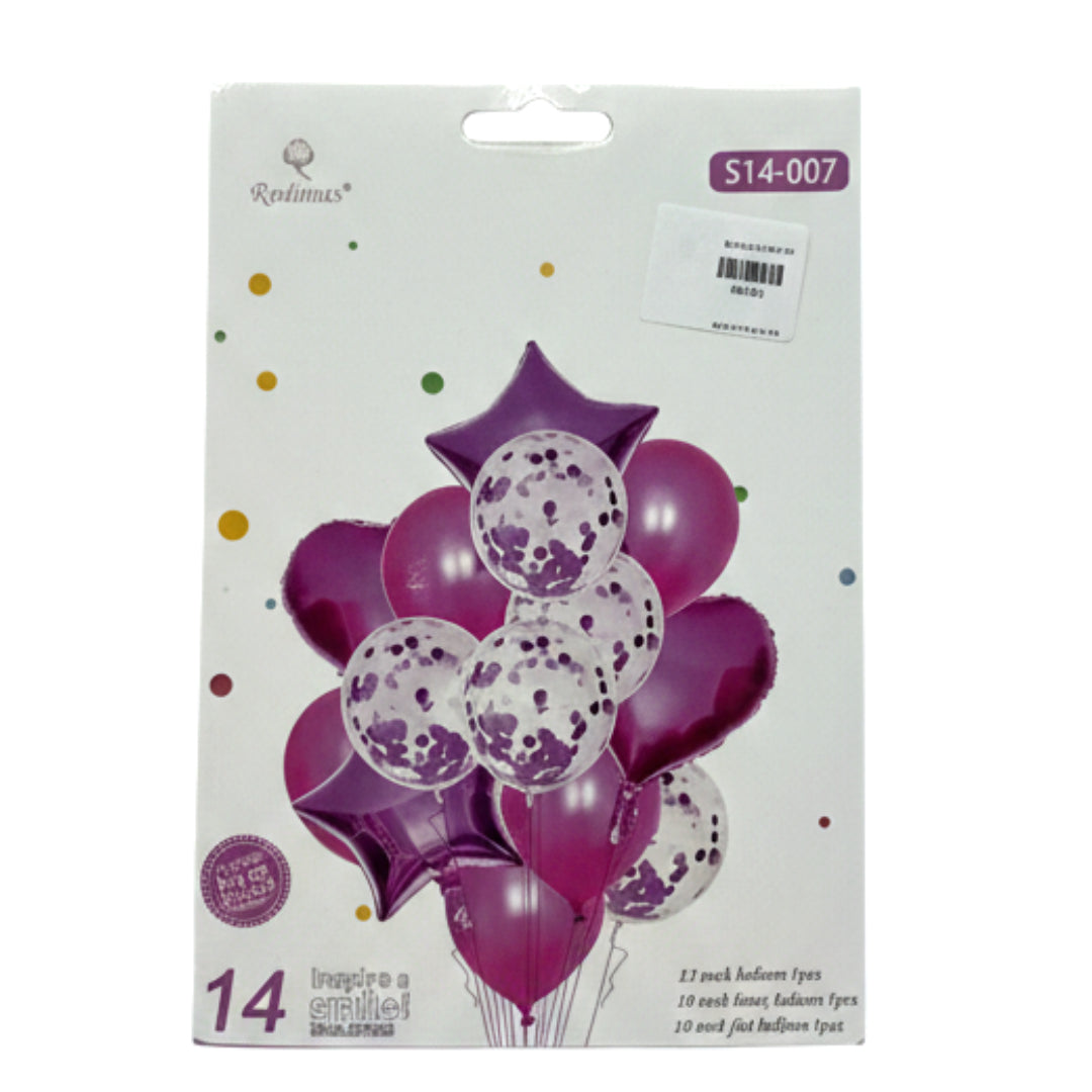 14-Piece Magenta & Silver Confetti Balloon Bouquet Set – Purple Foil Stars & Hearts for Birthday, Anniversary, and Party Decor