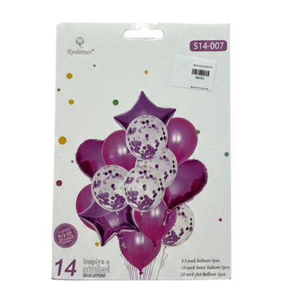 14-Piece Magenta & Silver Confetti Balloon Bouquet Set – Purple Foil Stars & Hearts for Birthday, Anniversary, and Party Decor