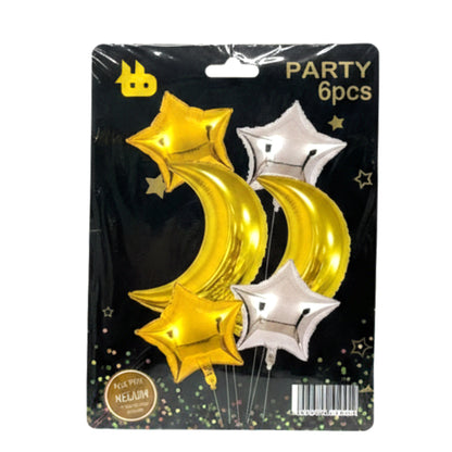 6-Piece Gold & Silver Moon and Star Foil Balloon Set - Celestial Party Decorations