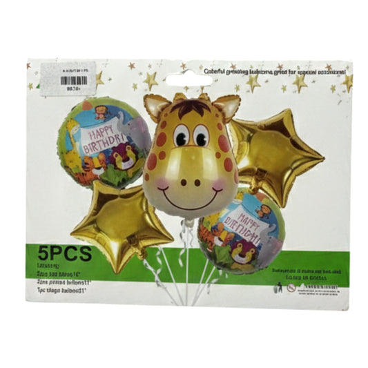 5-Piece Jungle Safari Animal Foil Balloon Set – Premium Lion & Giraffe Birthday Party Decorations – Kids' Zoo Themed Balloon Bouquet (Air or Helium)