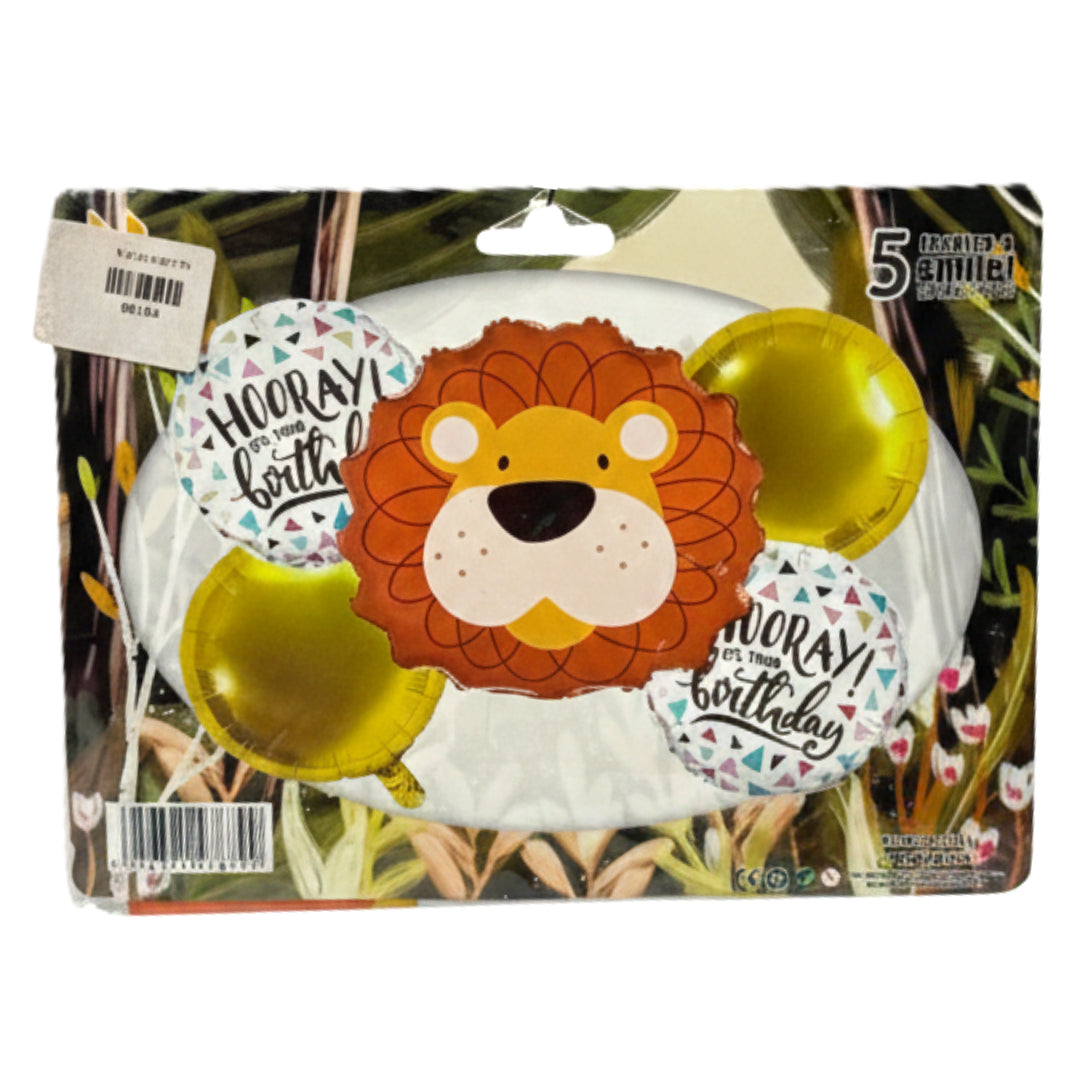 5-Piece Jungle Safari Animal Foil Balloon Set – Premium Lion & Giraffe Birthday Party Decorations – Kids' Zoo Themed Balloon Bouquet (Air or Helium)