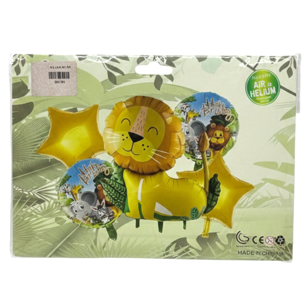 5-Piece Jungle Safari Animal Foil Balloon Set – Premium Lion & Giraffe Birthday Party Decorations – Kids' Zoo Themed Balloon Bouquet (Air or Helium)