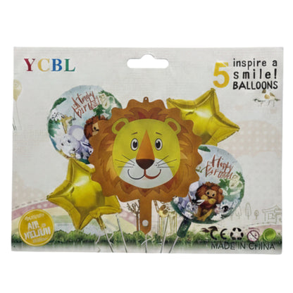 5-Piece Jungle Safari Animal Foil Balloon Set – Premium Lion & Giraffe Birthday Party Decorations – Kids' Zoo Themed Balloon Bouquet (Air or Helium)
