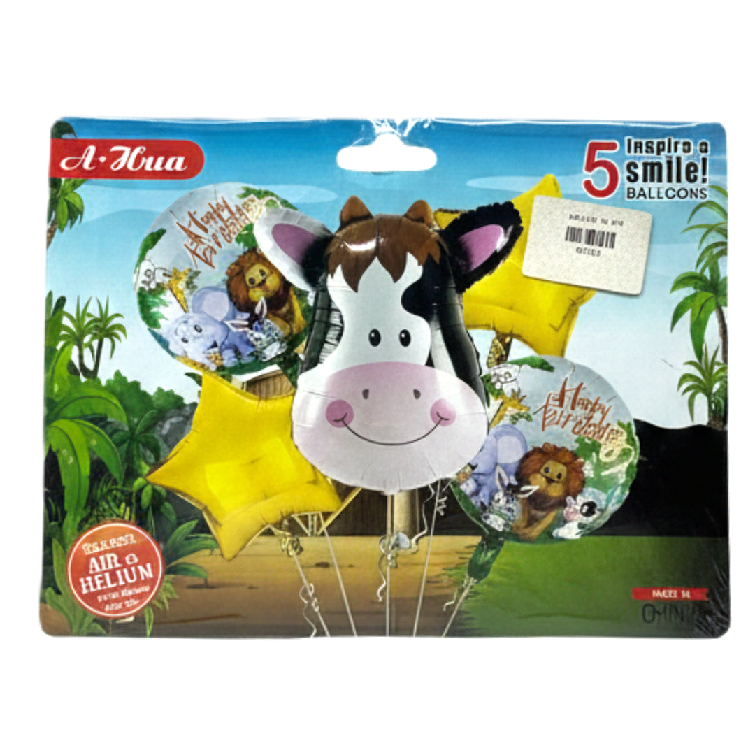 5-Piece Character Foil Balloon Bouquet Set – Themed Birthday Party Decorations – Iron Man, Toy Story, Barbie, LOL, & Farm Cow – (Pack of 5)