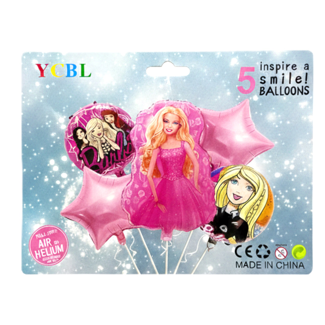 5-Piece Character Foil Balloon Bouquet Set – Themed Birthday Party Decorations – Iron Man, Toy Story, Barbie, LOL, & Farm Cow – (Pack of 5)