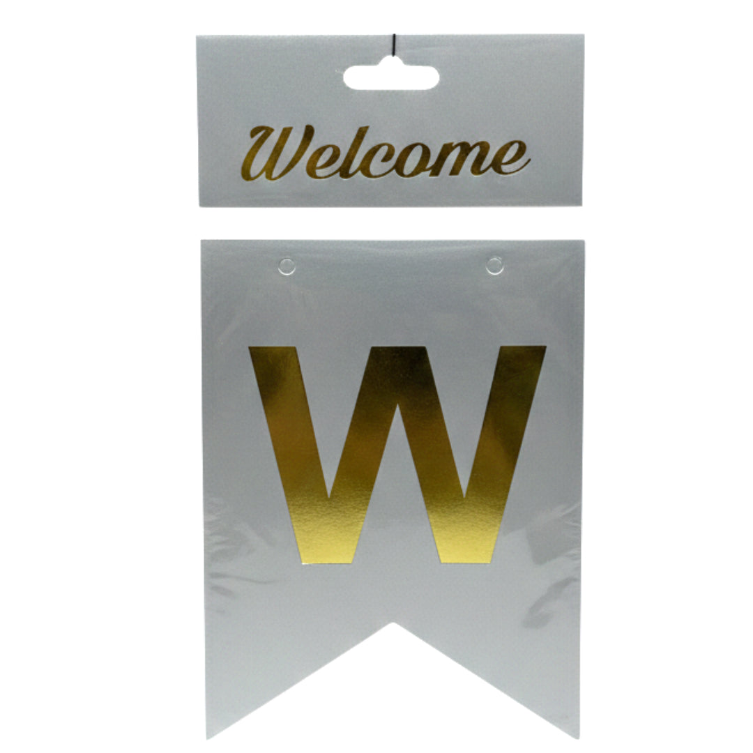 Gold Foil Welcome Banner Party Decoration Kit – Hanging Swallowtail Pennant Bunting for Birthdays, Graduations, and Homecomings – Available in Silver, Pink, White, Blue, and Gold