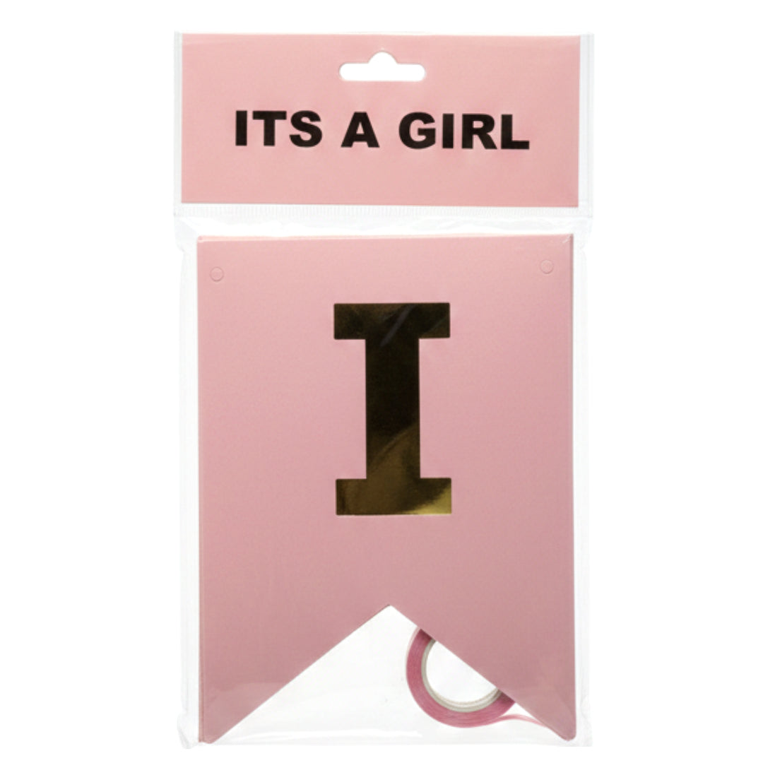 Gold Foil Gender Reveal Bunting Banner - "It’s A Boy" or "It’s A Pink Girl" Hanging Party Decorations with Ribbon - Premium Cardstock Baby Shower Letter Pennants