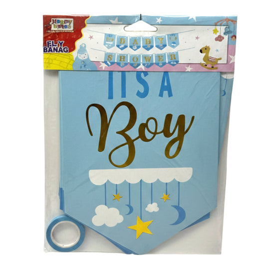 Premium Baby Shower Banner Set – "It's A Boy" or "It's A Girl" Gender Reveal Party Bunting – Gold Foil Lettering Flag Garland with Ribbon – Pink & Blue Nursery Decorations