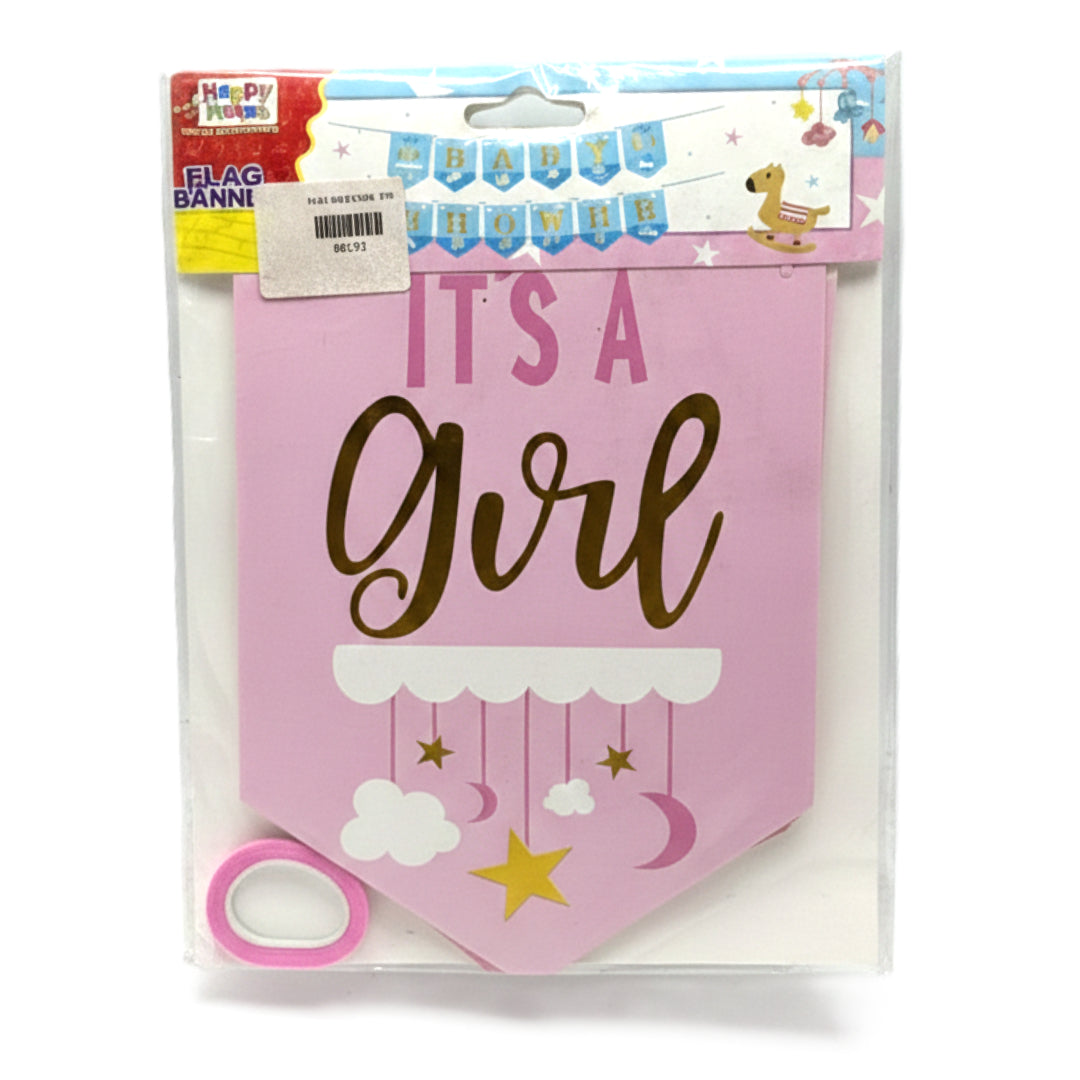 Premium Baby Shower Banner Set – "It's A Boy" or "It's A Girl" Gender Reveal Party Bunting – Gold Foil Lettering Flag Garland with Ribbon – Pink & Blue Nursery Decorations