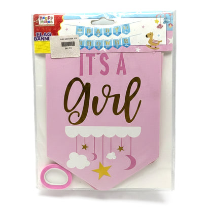 Premium Baby Shower Banner Set – "It's A Boy" or "It's A Girl" Gender Reveal Party Bunting – Gold Foil Lettering Flag Garland with Ribbon – Pink & Blue Nursery Decorations