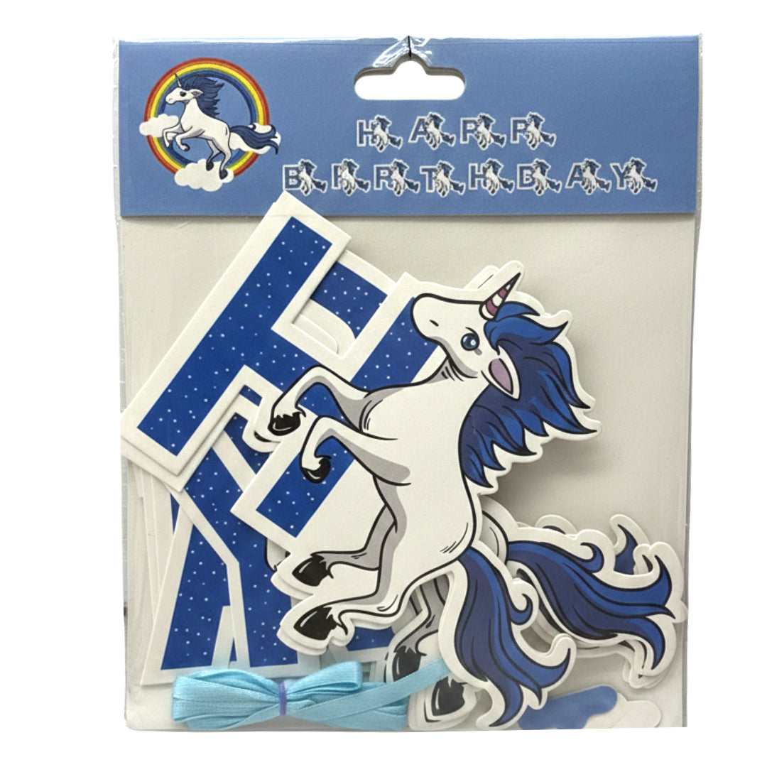 Blue Unicorn Happy Birthday Banner Kit - DIY Paper Cardstock Bunting with Ribbon - Magical Mythical Creature Party Decorations for Boys, Girls, and Kids