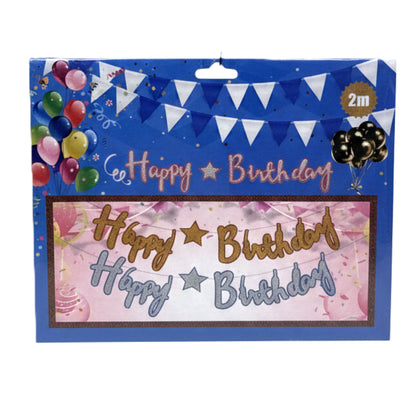 Premium Glitter "Happy Birthday" Banner – Shimmering Letter Bunting Party Decoration for All Ages – Easy to Hang (Blue, Gold & Silver)