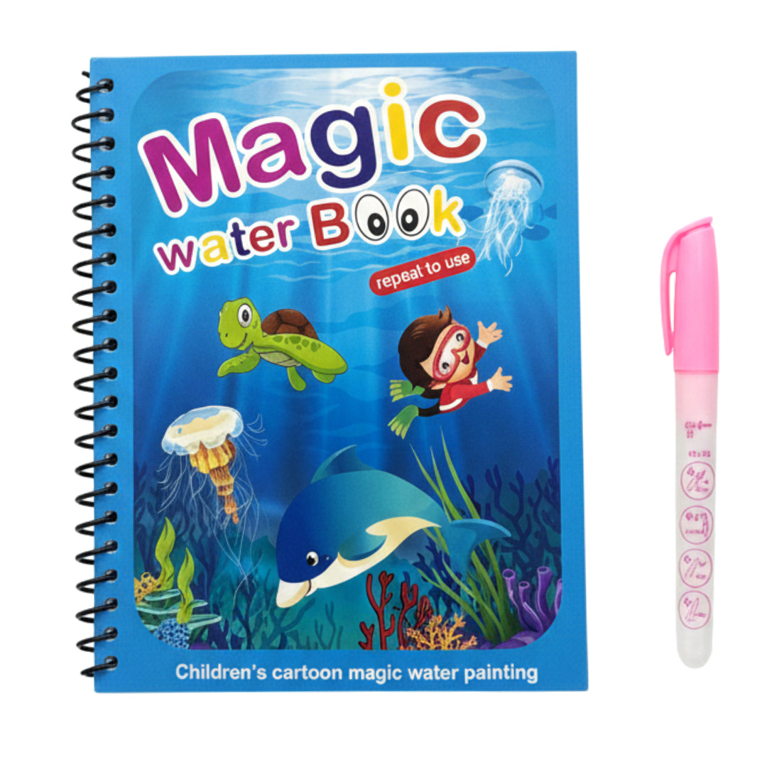Magic Water Drawing Book for Toddlers – Reusable Water Reveal Coloring Book with Refillable Pen | Mess-Free Educational Activity Set for Kids, Underwater World Theme