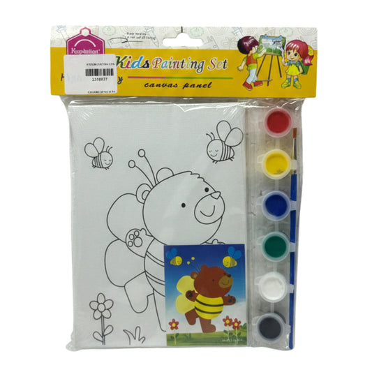 DIY Kids Painting Kit - Mini Canvas Panel Set with Bear-Bee Design, 6 Vibrant Acrylic Paints, and Brush