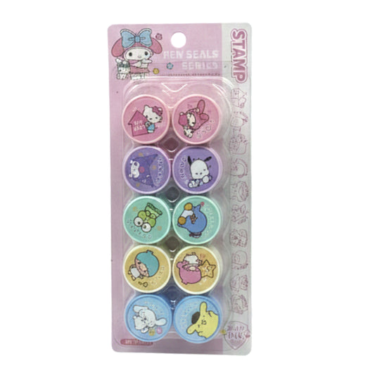 Sanrio Kawaii Character Self-Inking Stamp Set - 10-Piece Variety Pack featuring Hello Kitty, My Melody, Kuromi, and Cinnamoroll - For Scrapbooking, Journaling, and Teacher Rewards