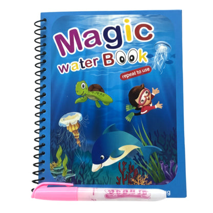 Magic Water Drawing Book for Toddlers – Reusable Water Reveal Coloring Book with Refillable Pen | Mess-Free Educational Activity Set for Kids, Underwater World Theme