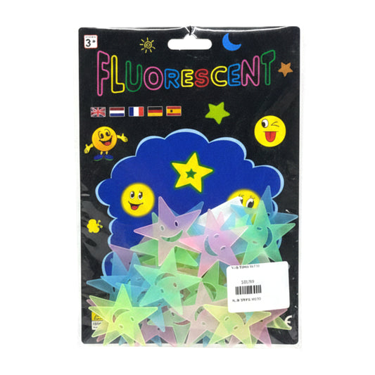 Glow-in-the-Dark Fluorescent Smiley Star Wall Stickers (Multi-Color Pack)