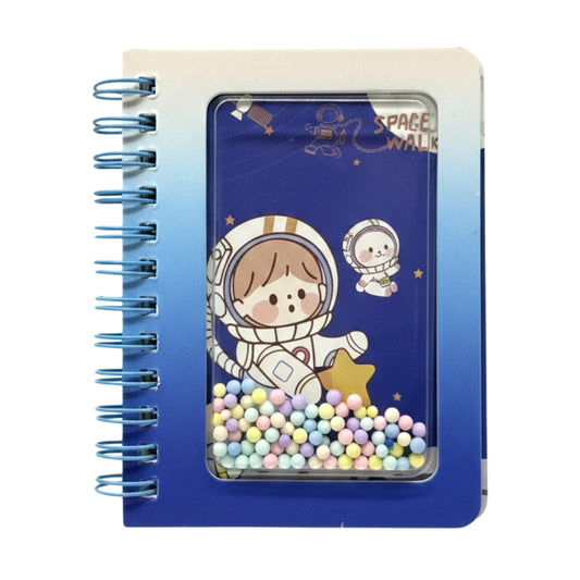 Kawaii Astronaut "Space Walk" Mini Spiral Notebook – Interactive Shaker Cover with Pastel Foam Beads, Pocket-Sized Journal for Kids & Students