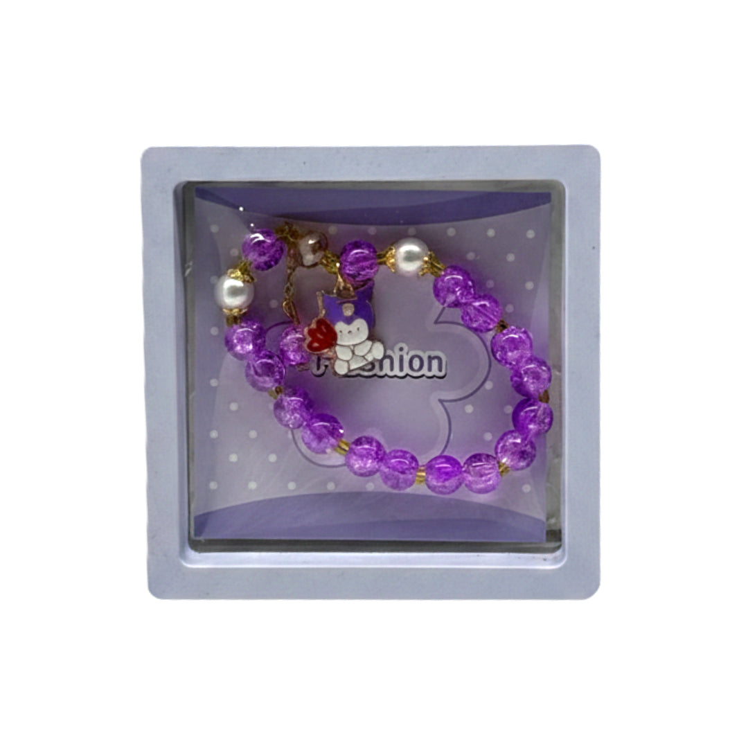 Kuromi-Inspired Purple Beaded Charm Bracelet | Kawaii Crystal & Pearl Aesthetic Jewelry for Girls and Teens | Sanrio-Style Fashion Accessory with Enamel Character Charm
