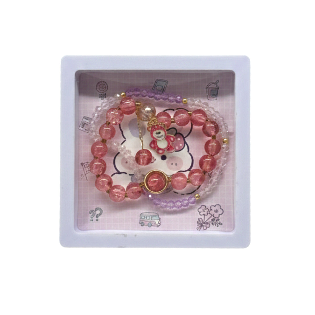 Kawaii Character Crystal Bead Bracelet Set – Handmade Stretch Jewelry with Sanrio-Inspired Charms, Colorful Crackle Quartz & Gold Accents – Perfect Gift for Girls & Anime Fans