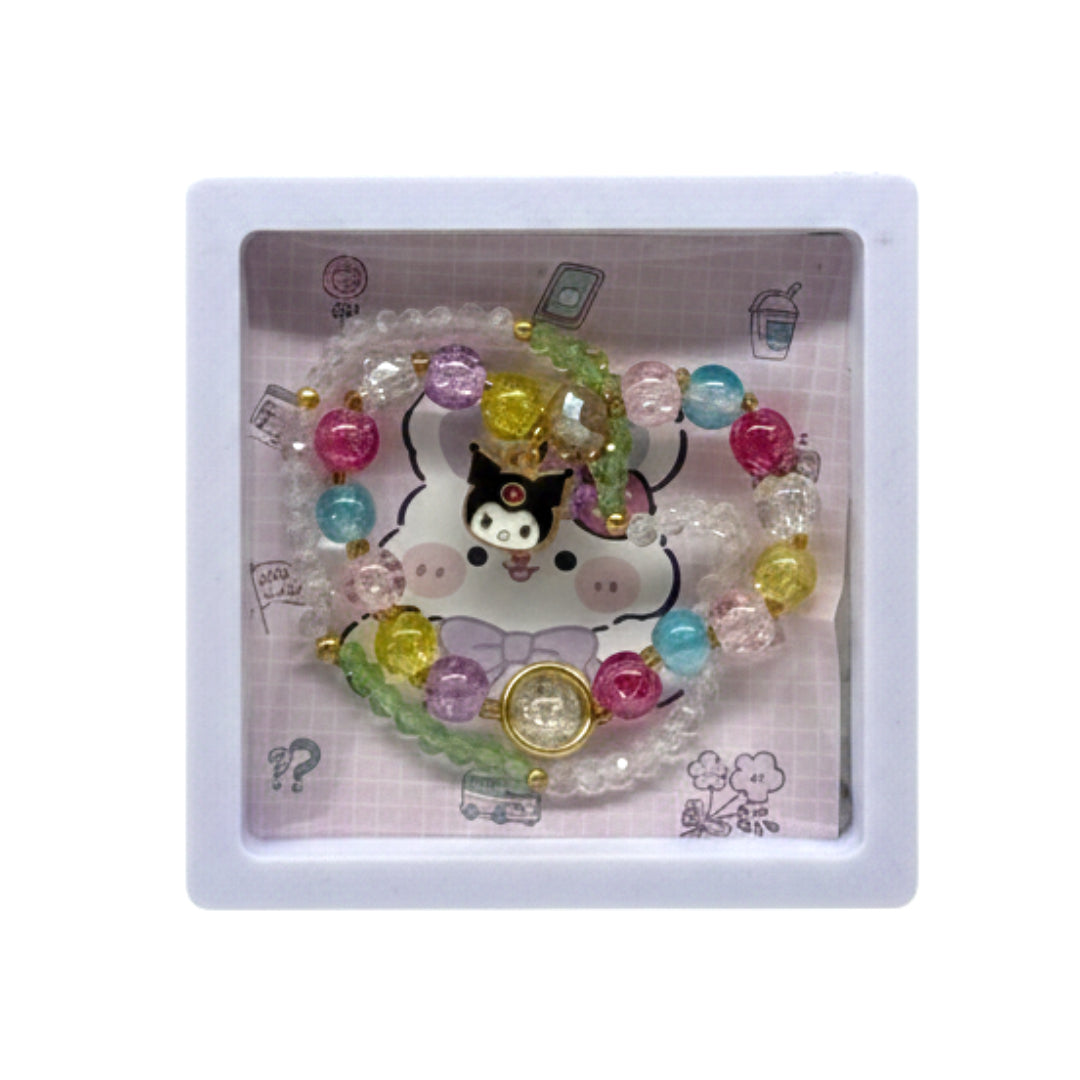 Kawaii Character Crystal Bead Bracelet Set – Handmade Stretch Jewelry with Sanrio-Inspired Charms, Colorful Crackle Quartz & Gold Accents – Perfect Gift for Girls & Anime Fans