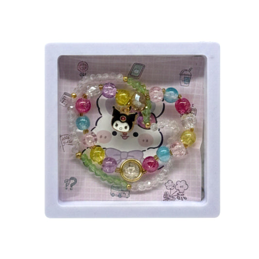 Kawaii Character Crystal Bead Bracelet Set – Handmade Stretch Jewelry with Sanrio-Inspired Charms, Colorful Crackle Quartz & Gold Accents – Perfect Gift for Girls & Anime Fans