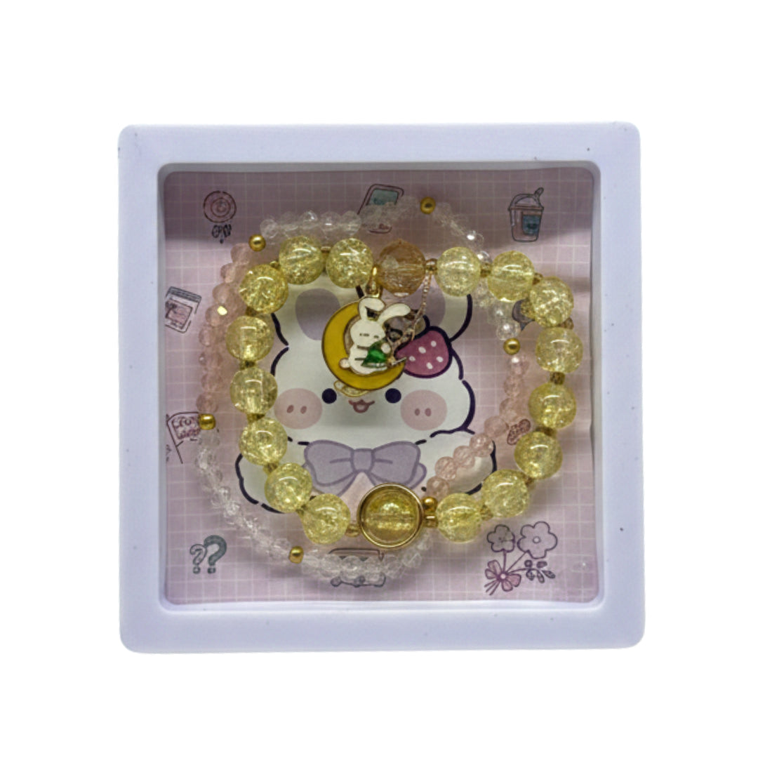 Kawaii Character Crystal Bead Bracelet Set – Handmade Stretch Jewelry with Sanrio-Inspired Charms, Colorful Crackle Quartz & Gold Accents – Perfect Gift for Girls & Anime Fans