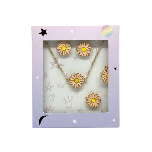 Dainty Peach Daisy Jewelry Set for Girls – Gold-Tone Enamel Flower Necklace and Matching Stud Earrings in Celestial Gift Box