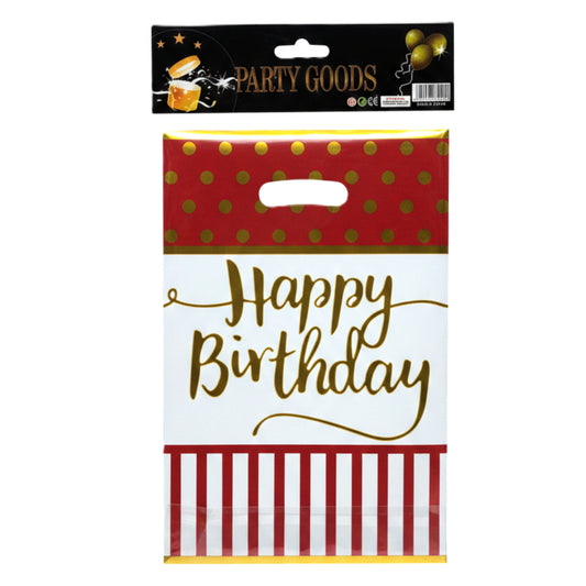 Pack of 10 Large Happy Birthday Gift Bags – Durable Plastic Party Favor Bags with Die-Cut Handles – Assorted Festive Designs (Red, Green, Blue, Black)
