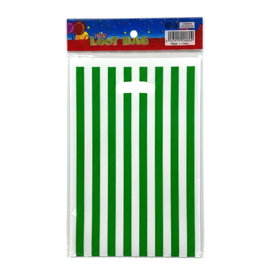 10 Pack Green and White Striped Party Loot Bags (16.5 x 25cm) - Durable Plastic Goodie Bags with Die-Cut Handles for Birthdays, Celebrations, and Events