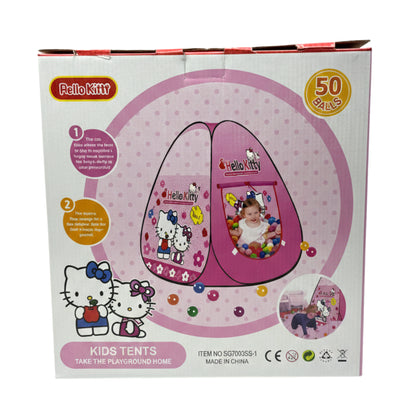 Hello Kitty Inspired Pop-Up Play Tent with 50 Colorful Pit Balls | Portable Indoor & Outdoor Kids Ball Pit Playhouse | Easy Foldable Toddler Adventure Tent