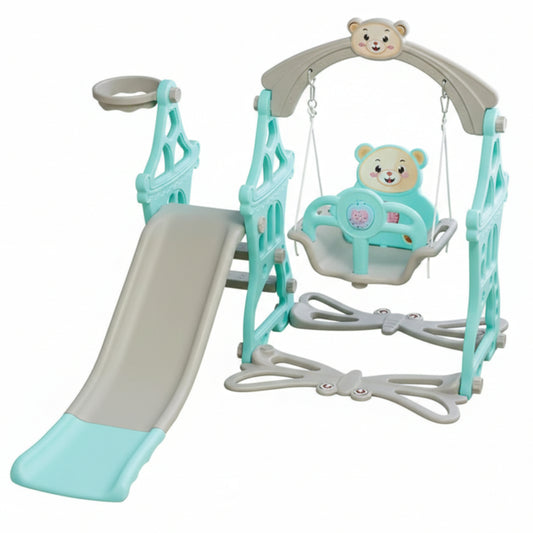 3-in-1 Toddler Play Center: Slides, Swing & Basketball Hoop - Bear Edition (Mint/Grey)