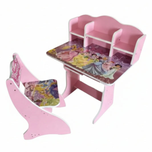 Kids’ Wooden Study Desk and Chair Set with Built-in Bookshelf – Character Themed