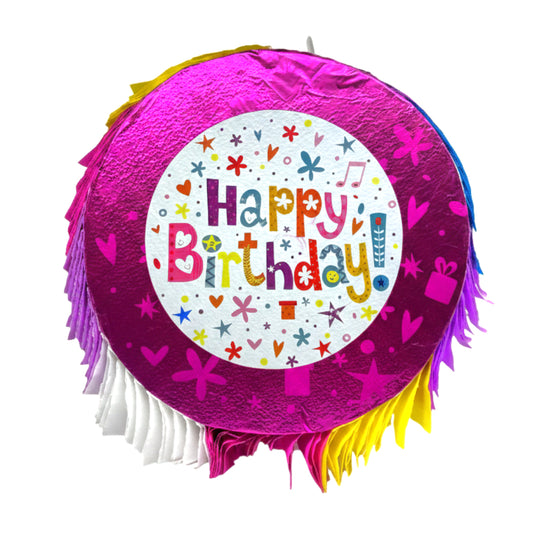 Colorful Round "Happy Birthday" Pull-String Piñata – 18-Inch Pink Foil Party Decoration & Game